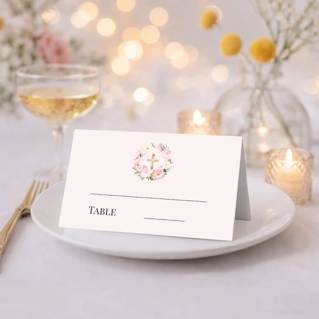 Cartão De Mesa Coroa floral rosa cruz de ouro batismo (Criador carregado)