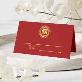 Cartão De Mesa Coroa floral vermelha dupla felicidade casamento c