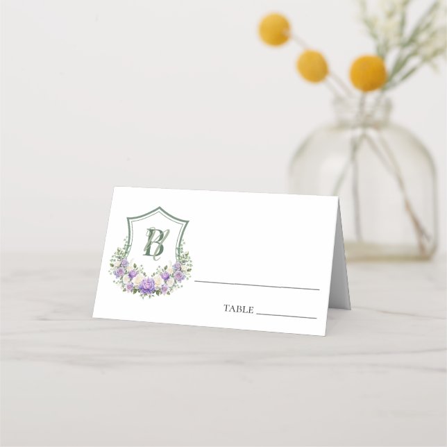 Cartão De Mesa Crest Floral Branco Roxo Casamento (Frente)