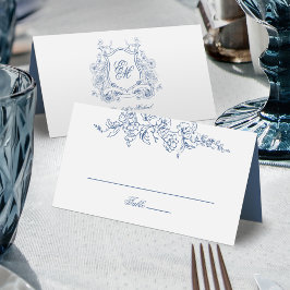 Cartão De Mesa Crista Floral Azul Monograma Casamento Elegante