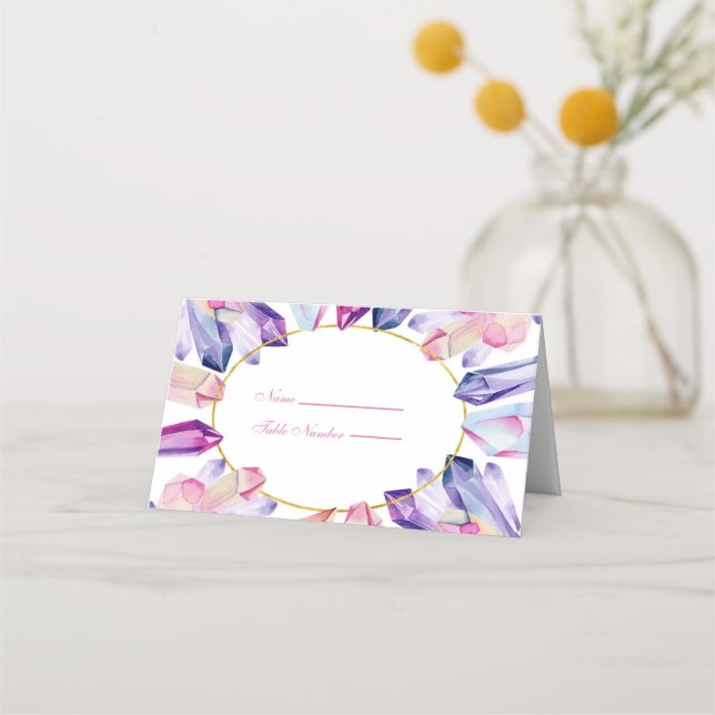 Cartão De Mesa Cristais Rosa Púrpura e Amarelo Nome do Local (Frente)