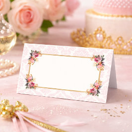 Cartão De Mesa Damasco Floral Rosa Princesa Conto de Fadas