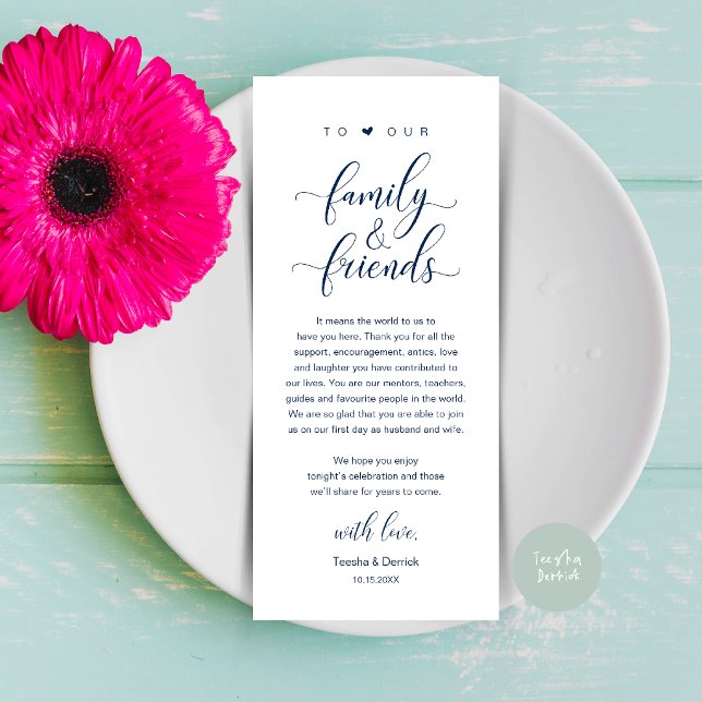 Cartão de Mesa de Agradecimento de Casamento com C (Elegant Calligraphy Wedding Dinner Bridal Shower Thank You Table Card in Navy Blue)