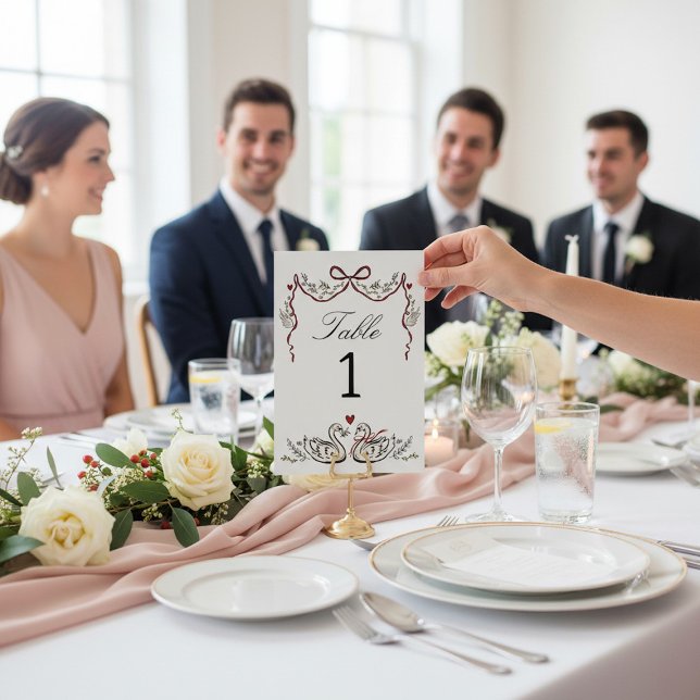 Cartão de Mesa de Casamento Cisnes Únicos Desenhad (Criador carregado)