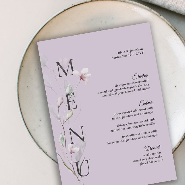Cartão de Mesa de Casamento com Púrpura Botânica 5 (purple botanical simple wedding table menu card)