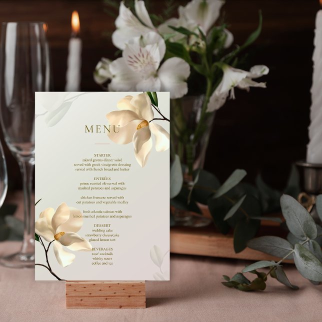 Cartão de Mesa de Casamento da Magnolia Oriental E (Elegant Oriental Magnolia Wedding Table Menu Card)