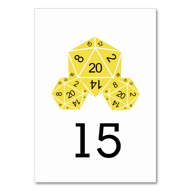 Cartão de Mesa de Casamento de Dice D20 Amarelo (Frente)