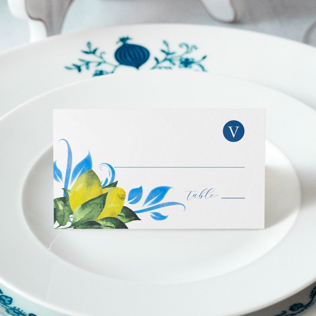 Cartão de Mesa de Casamento de Limão de Aquarela (Wedding place cards with meal choice watercolor lemons with blue and green botanicals)