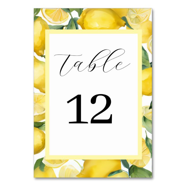 Cartão de Mesa de Casamento de Limão de Aquarela (Frente)