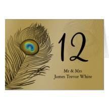 cartão de mesa de casamento de pavão dourado