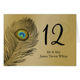 cartão de mesa de casamento de pavão dourado