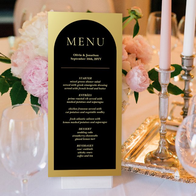 Cartão de Mesa de Casamento Dourado Preto Moderno  (Elegant Modern Black Gold Wedding Table Menu Card)