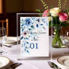Cartão de Mesa de Casamento Floral Azul Elegante