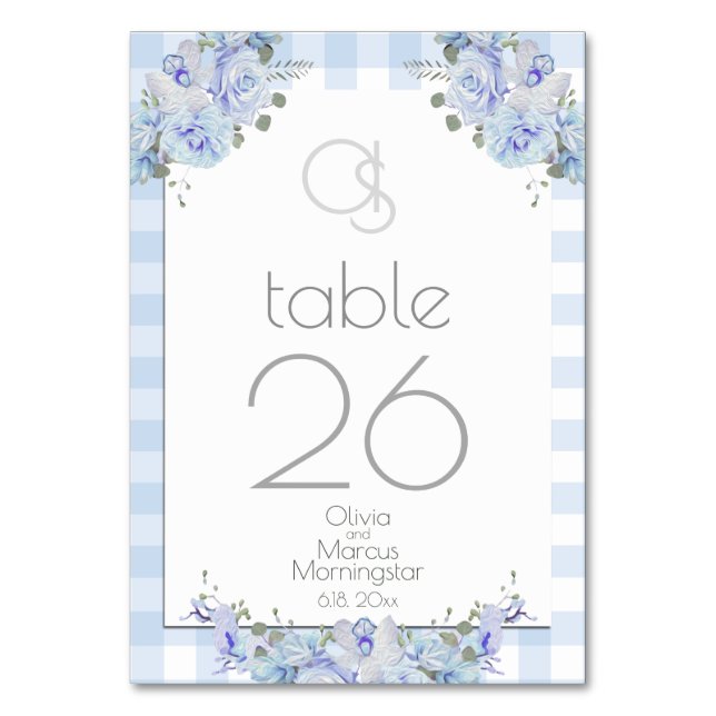 Cartão de Mesa de casamento | Monograma Blue Flora (Frente)