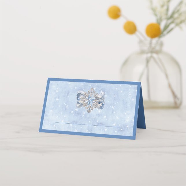 Cartão de Mesa de Férias Brooch Floco de Neve Azul (Frente)