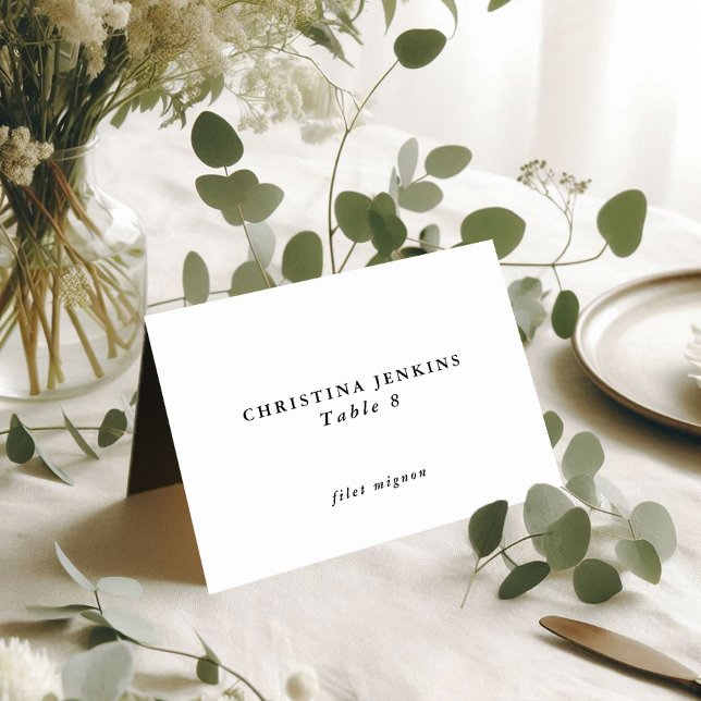 Cartão de Mesa de Nome de Convidado Personalizado  (Wedding Black & White Custom Guest Name Table Card Name & Meal Choice Side 1)