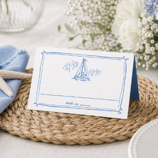 Cartão De Mesa Desenhos à Mão Casamento Náutico Barco Praia