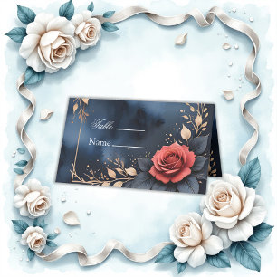 Cartão De Mesa Disposição Elegante de rosa com folhagem de ouro