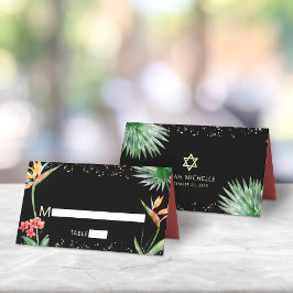 Cartão De Mesa Dourado preto Bat Mitzvah Tropical Watercolor