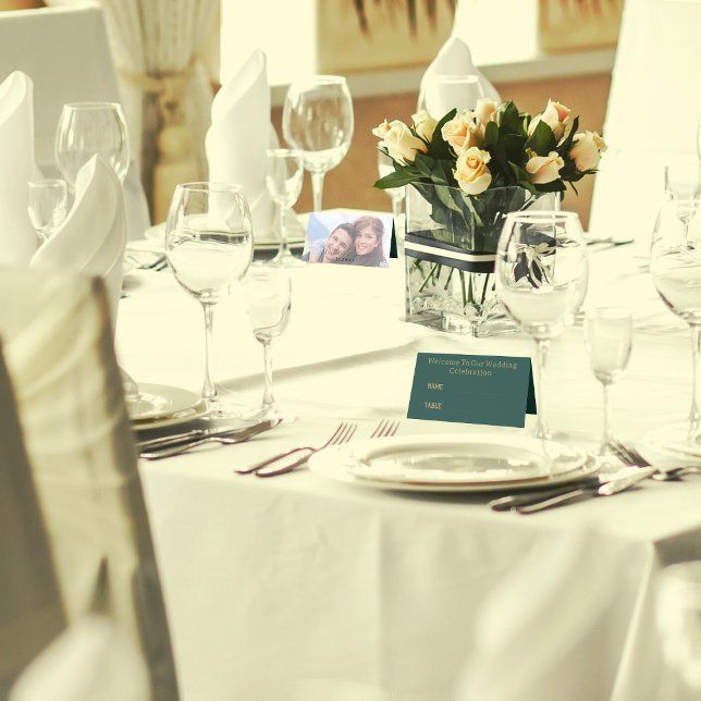 Cartão De Mesa Dourado Script Elegante E Foto | Casamento Verde (In Situ)