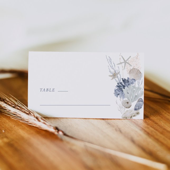 Cartão De Mesa Dusty Blue Coastal Shell Wedding Place Card Side (Dusty blue coastal shell wedding place card tent mockup with seashells and starfish)