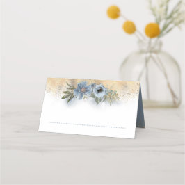 Cartão De Mesa Dusty Blue e Dourado Casamento Floral com Luminhas