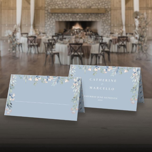 Cartão De Mesa Dusty Blue Floral Cascade Casamento  (Dusty Blue Floral Cacscade Wedding Place Card)