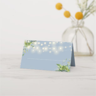 Cartão De Mesa Dusty Blue Floral Greenery Luzes de Corda