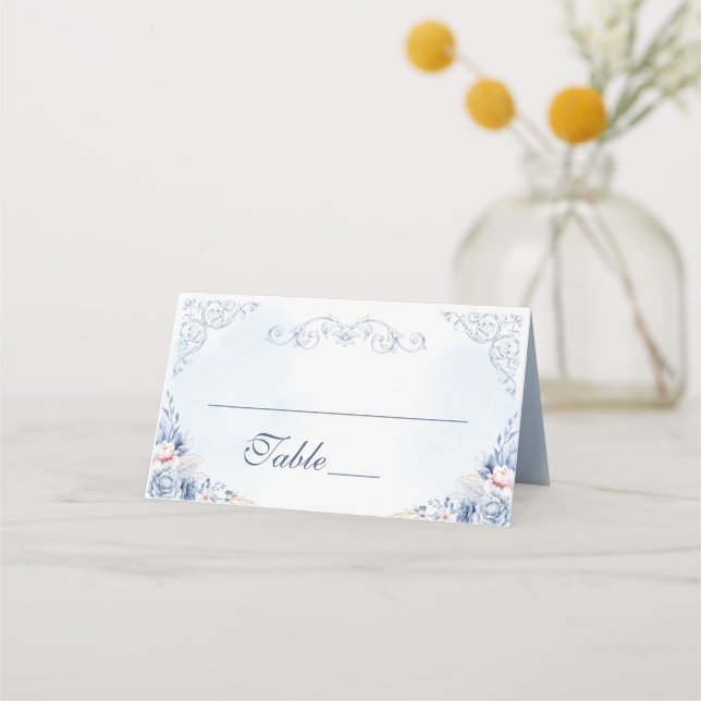 Cartão De Mesa Dusty Blue Floral Wedding Table Number (Frente)