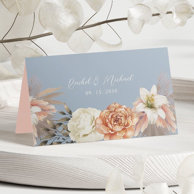Cartão De Mesa Dusty Blue Peach Floral Wedding (Criador carregado)
