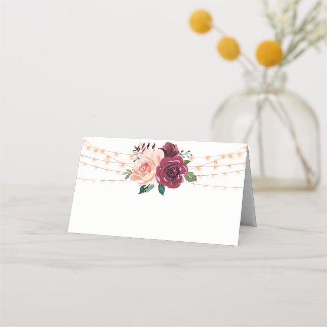 Cartão De Mesa Dusty Rosa Burgundy Floral String Luzes Casamento (Frente)
