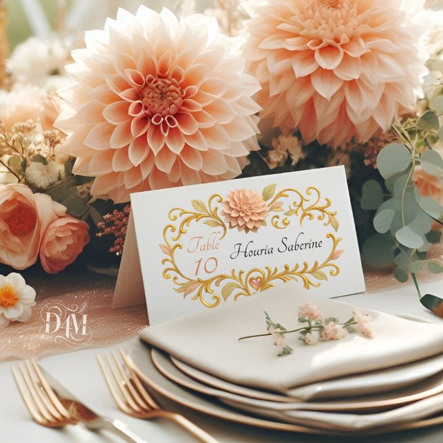 Cartão De Mesa Elegant Blush Dahlias Golden Script Wedding (Criador carregado)