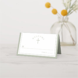 Cartão De Mesa Elegante Batismo Religioso Menino Verde Sage