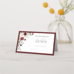 Cartão De Mesa Elegante Burgundy Floral Watercolor Chá de panela