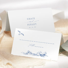 Cartão De Mesa Elegante Casamento Azul Chic Costeiro