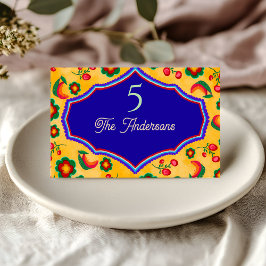 Cartão De Mesa Elegante casamento mexicano vibrante amarelo azul