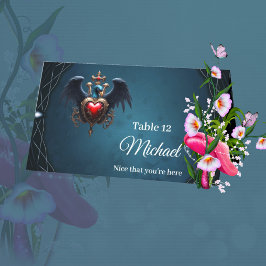 Cartão De Mesa Elegante coração gótico com pássaro fantasma.