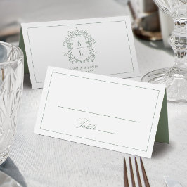 Cartão De Mesa Elegante Crista Monograma em Verde Salvia Casament