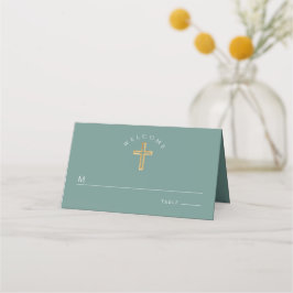 Cartão De Mesa Elegante Cruz Verde Primeira Comunhão