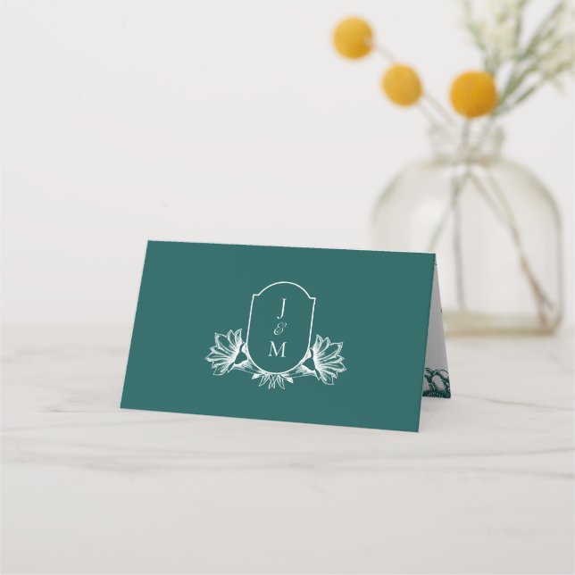 Cartão De Mesa Elegante Dark Teal Botanical Monogramas Crest (Frente)