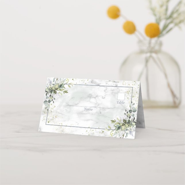 Cartão De Mesa Elegante Dusty Blue Eucalyptus Greenery Marble (Frente)