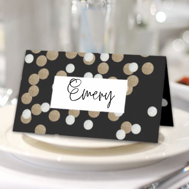 Cartão De Mesa elegante e moderno partido Dourado Confetti Folida (elegant modern Black Gold Confetti Holiday Party Place Card)