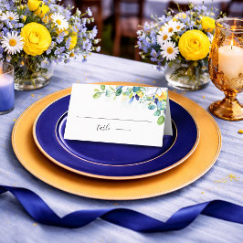Cartão De Mesa Elegante floral casamento em aquarela amarela e az