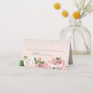 Cartão De Mesa Elegante Floral Rosa Brilho Prata