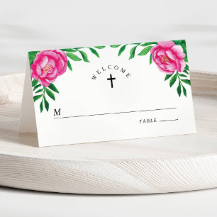 Cartão De Mesa Elegante Floral Watercolor Peonies Primeira Comunh