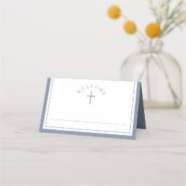 Cartão De Mesa Elegante Menino Azul Empoeirado Primeira Comunhão