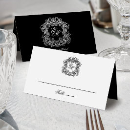 Cartão De Mesa Elegante Monograma de Cumeeira Preto e Branco Casa