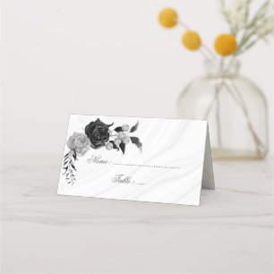 Cartão De Mesa elegante prata e flores pretas