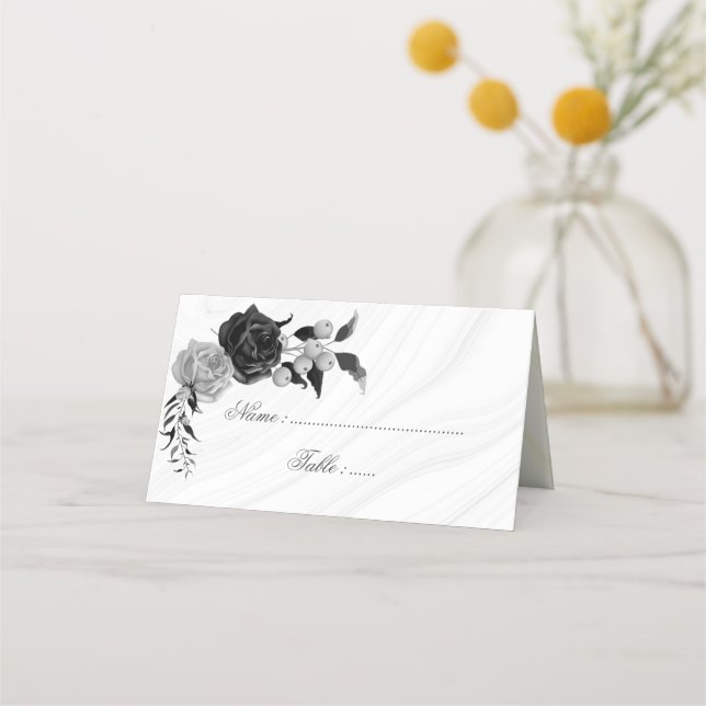 Cartão De Mesa elegante prata e flores pretas (Frente)