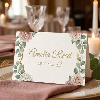 Cartão De Mesa Elegante Rosa Empoeirado Floral Geométrico Aquarel